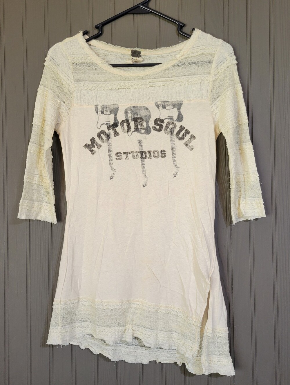 We The Free Free People Knit Graphic Shirt Lace Panel Detail Cream Women's XS